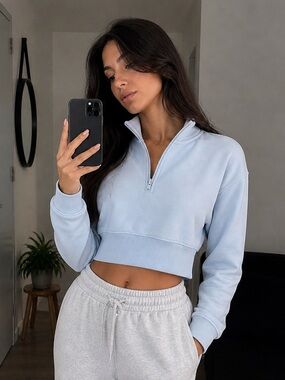 Rare SKIMS Periwinkle cotton fleece half zip cropped pullover